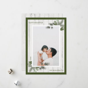 Cartes Pour Fêtes Annuelles Pin festif & Bois blanc rustique Shiplap Photo