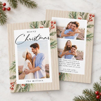Cartes Pour Fêtes Annuelles Pin rayé de verdure de houx 3 Photo Joyeux Noël