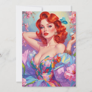 Cartes Pour Fêtes Annuelles Pin-Up aux Cheveux Roux avec Fleurs Roses Œuf de P