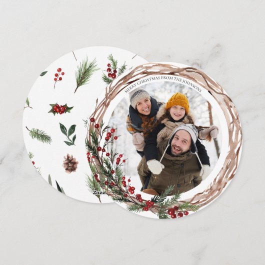 Cartes Pour Fêtes Annuelles Pine Berry Botanique Naturel Vacances photo Ronde (Devant / Derrière)