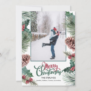 Cartes Pour Fêtes Annuelles Pine Cone Holly Branche Photo Joyeux Noël