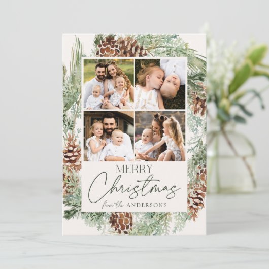 Cartes Pour Fêtes Annuelles Pine d'aquarelle rustique - Vin de cône - photo Co (Debout devant)