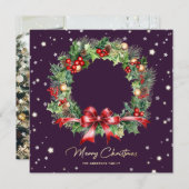 Cartes Pour Fêtes Annuelles Pine Holly Wreath Purple Photo Joyeux Noël (Devant / Derrière)