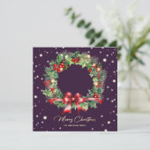 Cartes Pour Fêtes Annuelles Pine Holly Wreath Purple Photo Joyeux Noël (Debout devant)