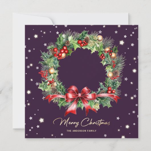 Cartes Pour Fêtes Annuelles Pine Holly Wreath Purple Photo Joyeux Noël (Devant)