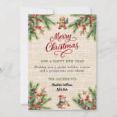 Cartes Pour Fêtes Annuelles Pine rouge baies beige burlap mignon hibou Noël (Devant)