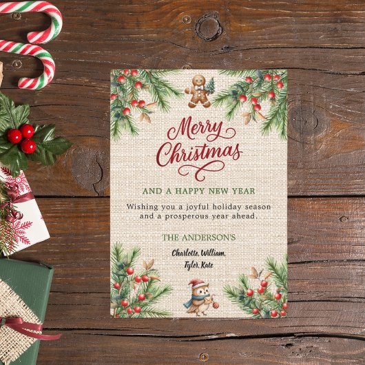 Cartes Pour Fêtes Annuelles Pine rouge baies beige burlap mignon hibou Noël