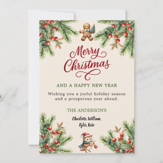 Cartes Pour Fêtes Annuelles Pine rouge baies beige joli hiboux script Noël (Devant)