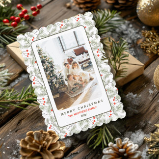 Cartes Pour Fêtes Annuelles Pine Sprigs and Berries Custom Photo Christmas 