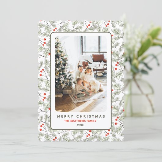 Cartes Pour Fêtes Annuelles Pine Sprigs and Berries Custom Photo Christmas (Debout devant)