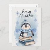 Cartes Pour Fêtes Annuelles Pingouin de Noël aquarelle (Devant / Derrière)