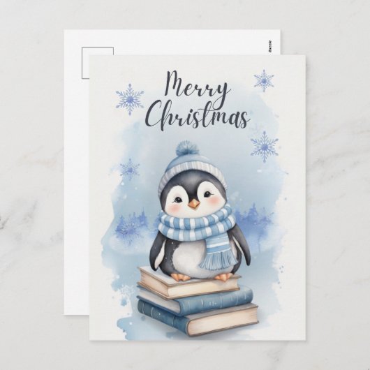 Cartes Pour Fêtes Annuelles Pingouin de Noël aquarelle (Devant / Derrière)