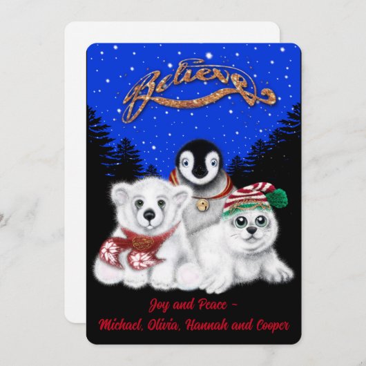 Cartes Pour Fêtes Annuelles Pingouin de Noël bébé phoque de l'ours polaire (Devant / Derrière)