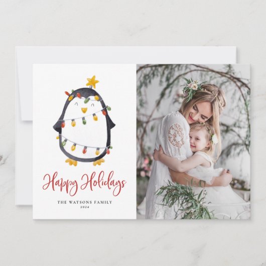 Cartes Pour Fêtes Annuelles Pingouin mignon avec lumière de Noël (Devant)