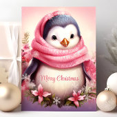 Cartes Pour Fêtes Annuelles Pingouin mignon en Pink Scarf Noël