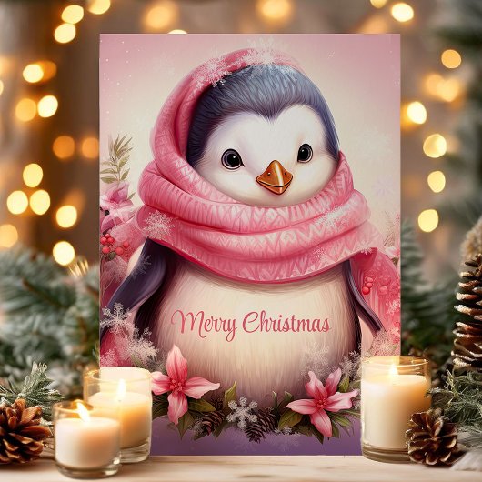 Cartes Pour Fêtes Annuelles Pingouin mignon en Pink Scarf Noël