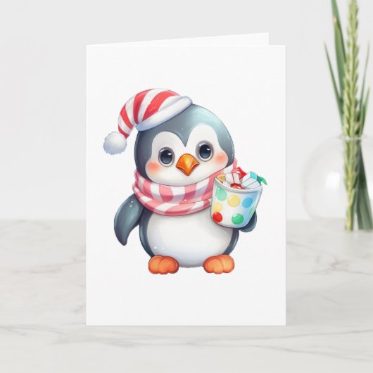 Cartes Pour Fêtes Annuelles Pingouin mignon et appétissant avec Snack BLANC (Devant)