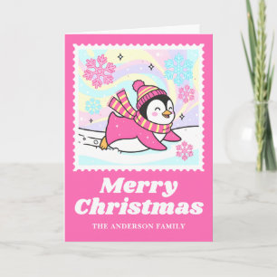 Cartes Pour Fêtes Annuelles Pingouin rose vif Timbre de Noël
