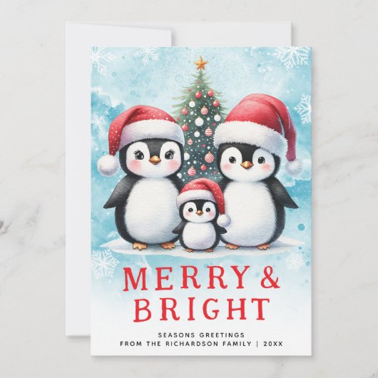 Cartes Pour Fêtes Annuelles Pingouins mignons Joyeux et bleu clair Noël rouge (Devant)