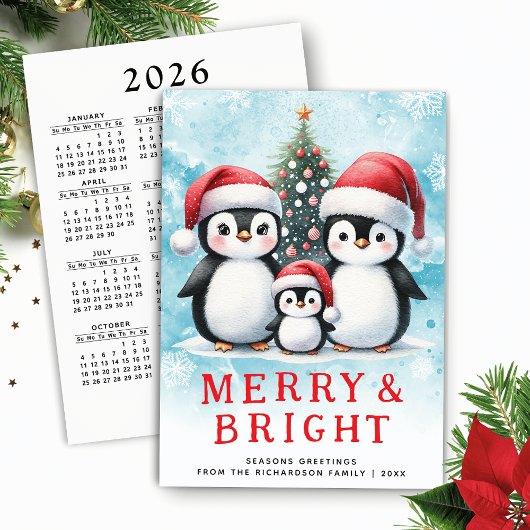 Cartes Pour Fêtes Annuelles Pingouins mignons Joyeux et bleu clair Noël rouge