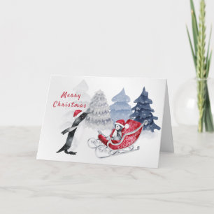Cartes Pour Fêtes Annuelles Pingouins Rouge Traîneau Aquarelle Noël
