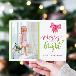 Cartes Pour Fêtes Annuelles Pink bow green Merry et Bright Christmas photo