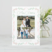 Cartes Pour Fêtes Annuelles Pink Bow Mistletoe Verdure Noël Deux photos (Debout devant)