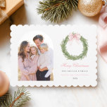Cartes Pour Fêtes Annuelles Pink Bow Wreath Christmas<br><div class="desc">Add a charming touch to your holiday season with these personalized holiday cards featuring a delightful watercolor crest design and a beautiful arch photo template. The festive green Christmas wreath,  adorned with a beautiful pink bow will bring a playful yet elegant feel to your holiday season.</div>