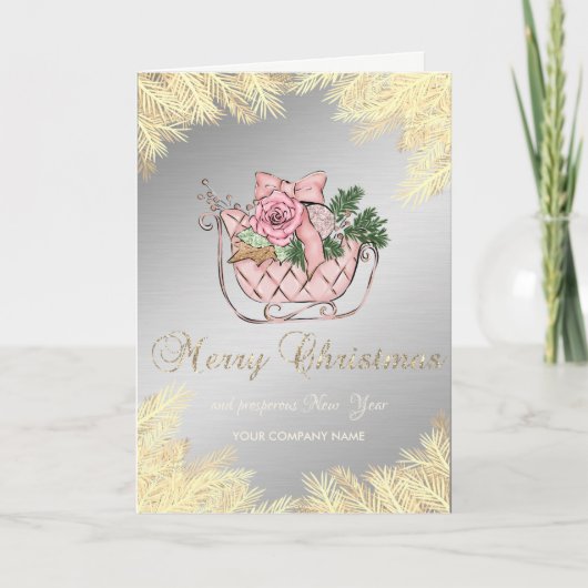 Cartes Pour Fêtes Annuelles Pink Christmas Sleigh, Gold Tree Branches (Devant)