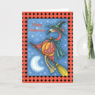 CARTES POUR FÊTES ANNUELLES PINK FLAMANT ROSE WITCH, VOL AU-DESSUS DE LA LUNE