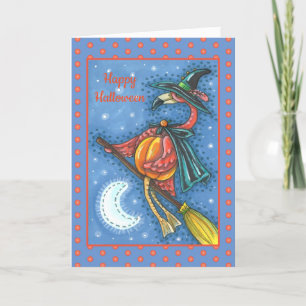 CARTES POUR FÊTES ANNUELLES PINK FLAMANT ROSE WITCH, VOL AU-DESSUS DE LA LUNE