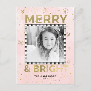Cartes Pour Fêtes Annuelles Pink Gold MERRY & BRIGHT Holiday Doodle Photo