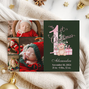 Cartes Pour Fêtes Annuelles Pink Green Baby First Christmas 4 Photo