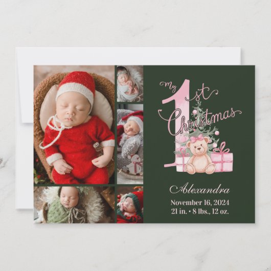 Cartes Pour Fêtes Annuelles Pink Green Baby First Christmas 5 Photo (Devant)