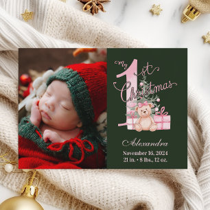 Cartes Pour Fêtes Annuelles Pink Green Baby First Christmas Photo