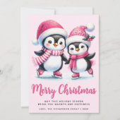 Cartes Pour Fêtes Annuelles Pink Joyeux Noël mignon patinage sur glace pingoui (Devant)