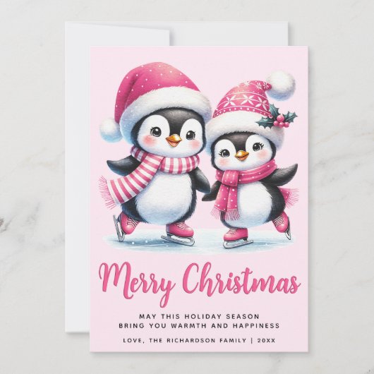 Cartes Pour Fêtes Annuelles Pink Joyeux Noël mignon patinage sur glace pingoui (Devant)