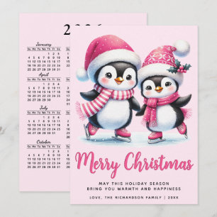 Cartes Pour Fêtes Annuelles Pink Joyeux Noël mignon patinage sur glace pingoui