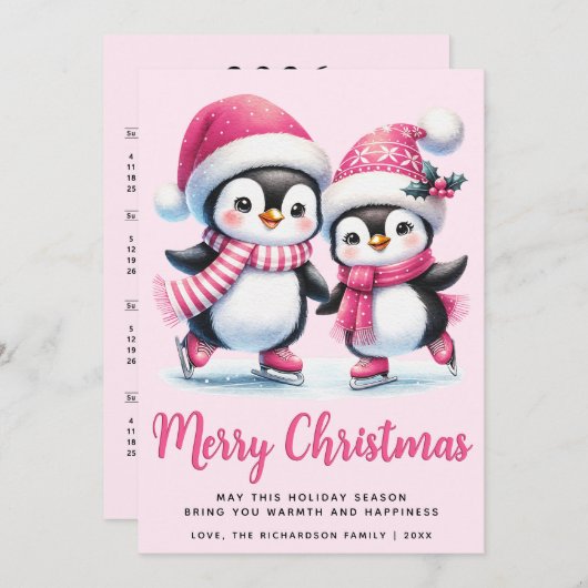 Cartes Pour Fêtes Annuelles Pink Joyeux Noël mignon patinage sur glace pingoui (Devant / Derrière)