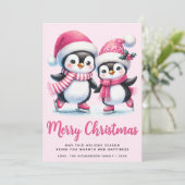 Cartes Pour Fêtes Annuelles Pink Joyeux Noël mignon patinage sur glace pingoui (Debout devant)