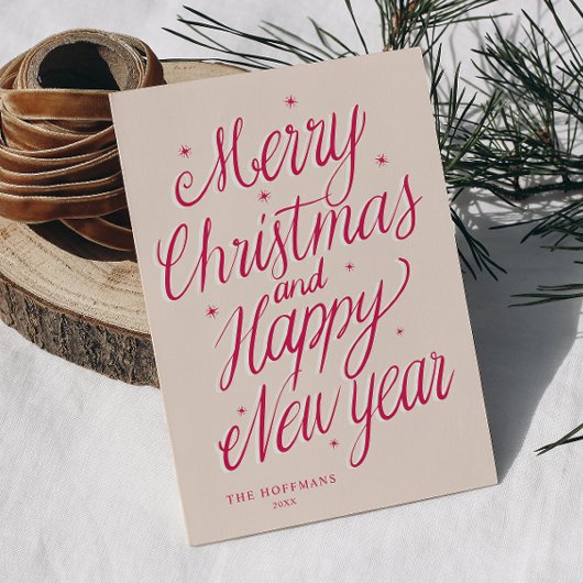 Cartes Pour Fêtes Annuelles Pink Merry Christmas and Happy New Year signature