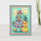 CARTES POUR FÊTES ANNUELLES PINK PARTY WITCH EST HALLOWEEN MAGIQUE, CHAT NOIR (Devant)