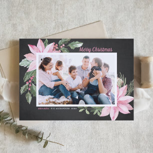 Cartes Pour Fêtes Annuelles Pink Poinsettias Chalkboard Photo Joyeux Noël