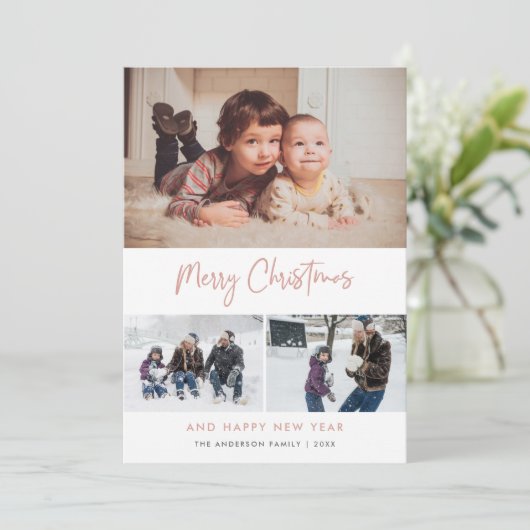 Cartes Pour Fêtes Annuelles Pink Script Stars Christmas 3 Photo Collage (Debout devant)