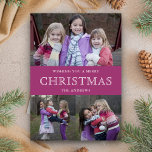 Cartes Pour Fêtes Annuelles Pink Winter Christmas Photo Collage<br><div class="desc">Envoyez à votre famille et à vos amis une carte de Noël à thème rose avec vos photos de famille préférées. Retournez la carte pour révéler un beau motif de flocons de neige au dos de la carte.</div>