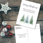 Cartes Pour Fêtes Annuelles Pins d'aquarelle simple Joyeux Noël<br><div class="desc">Cette simple carte postale de vacances présente un design rustique mais minimaliste avec trois pins aquarelles et une calligraphie de script élégante lisant : Joyeux Noël! Il y a de l'espace pour une note ou un message court ainsi que vos noms ou signature. Merveilleuse façon d'envoyer des Bonnes Fêtes.</div>