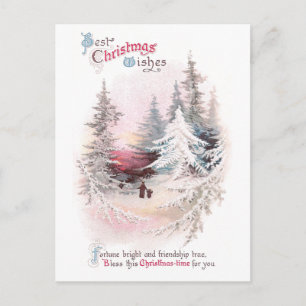 Cartes Pour Fêtes Annuelles Pins neigeux et coucher de soleil rose Vintage Noë