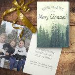 Cartes Pour Fêtes Annuelles Pins verts rustiques Joyeux Noël Photo<br><div class="desc">Cette carte de vacances présente une scène d'aquarelle rustique avec une forêt de pins verts entourés de brume ou de brouillard. Le recto de la carte indique : Je vous souhaite et vous souhaite un très joyeux Noël. A l'intérieur, il y a de l'espace pour votre photo, une petite note...</div>