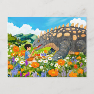 Cartes Pour Fêtes Annuelles Pique-nique de garçon avec dinosaure sur la prairi
