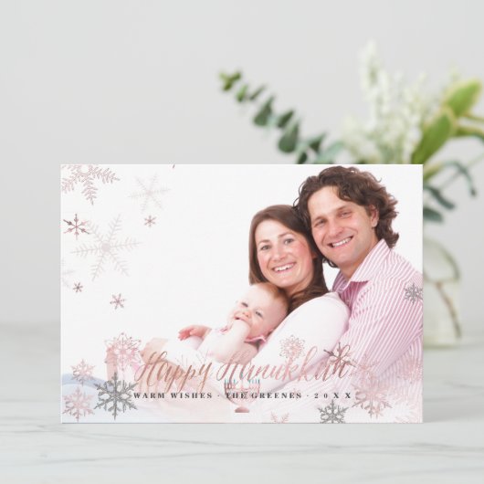 Cartes Pour Fêtes Annuelles PixDezines Hanukkah/Rose Gold Flocons de neige (Debout devant)